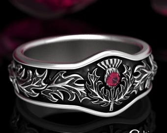 Silver Thistle Ring, Ruby Wedding Ring, Scottish Thistle Ring, Scottish Wedding Ring, Thistle Flower Ring, Celtic Wedding Band, 1765