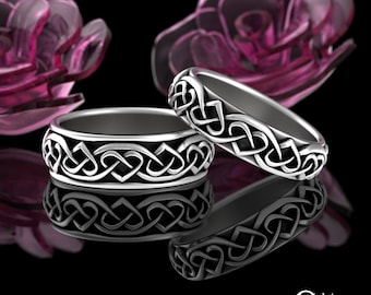 Matching His Hers Heart Celtic Knotwork Rings, Sterling Silver Couple Irish Wedding Set, Heart Wedding Bands, Irish Heart Knotwork 3160 3159