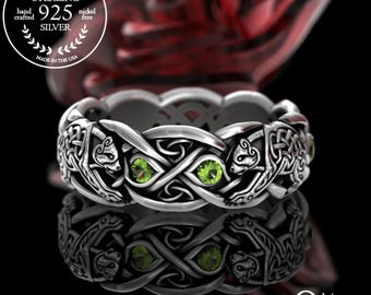 Sterling Silver & Peridot Bear Ring, Bear Soulmate Ring, Celtic Bear Ring, Irish Wedding Band, Celtic Animal Ring, Grizzly Bear Ring, 1682