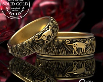 Gold Cat Wedding Ring Set, Matching Gold Cat Rings, 10K Cat Wedding Bands, 14K Cat Wedding Rings, 10K Celtic Cat Rings, 14K Cat, 1911 1912