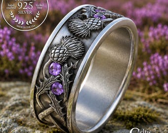 Men's Scottish Thistle Wedding Band, Sterling Amethyst Groom's Ring, Silver Celtic Man Ring, Irish Botanical Flower Jewelry, 2129