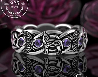 Amethyst & Sterling Magic Wolf Ring, Celestial Wolf Goddess Ring, Witchy Crescent Moons Ring, Pagan Wedding Band, Woman's Wiccan Ring, 3261