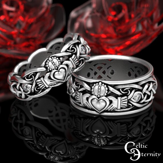 Sterling Moissanite Celtic Claddagh Ring Set, Modern Claddagh Wedding Band, Diamond Celtic Wedding Ring Set, Irish Love Ring, 1684 + 1688