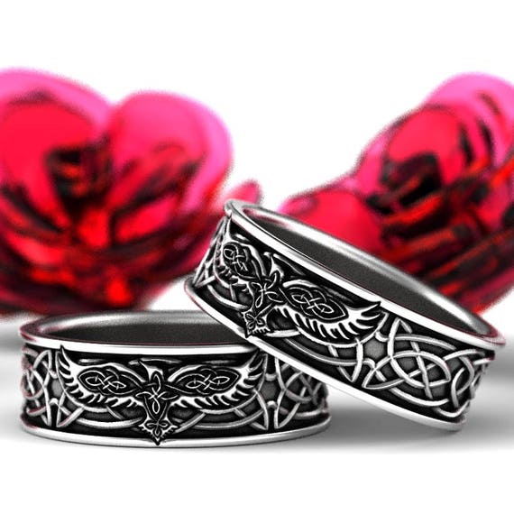 Custom Size 1161 Mens Wedding Band Raven Jewelry Sterling Silver Celtic Raven Ring with Amethyst Celtic Knot Ring