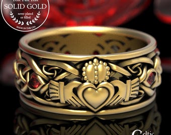 Gold Claddagh Ring with Rubies, Modern Claddagh Wedding Ring, Celtic Gold Wedding Band, Irish Love Ring, Mens Claddagh Ring, 1688