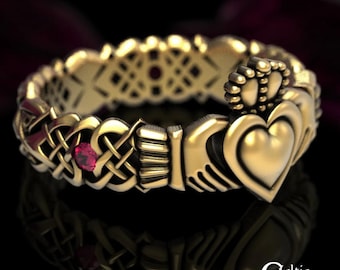 Gold Claddagh Ring, Ruby Heart Wedding Ring, Celtic Gold Wedding Band, Ruby Claddagh Ring, Platinum Claddagh Ring, Gold Ruby Claddagh, 1545