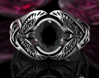 Mens Statement Ring, Sterling Black Spinel Viking Raven Ring, Odin Raven Ring, Men Viking Ring, Celtic Wedding Band, Silver Raven Ring, 1477