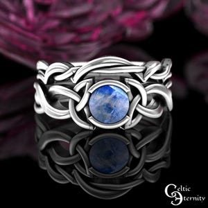 Moonstone Solitaire & Wedding Band, Sterling Irish Engagement Ring Set, Matching Bridal Celtic Fitted Rings, Minimalist Trinity Knot,405 406