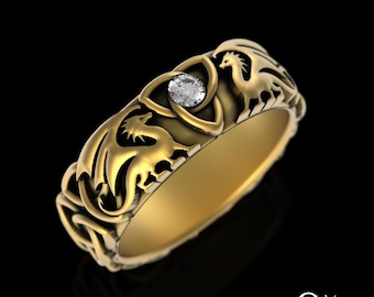 Gold Womens Soulmate Dragons Wedding Band, 10K 14K Bridal Viking Dragon Ring, Moissanite Twin Flame Dragons, Platinum Fantasy Wedding, 3186