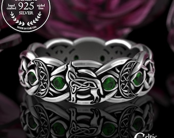 Emerald Celestial Wolf Ring, Sterling Moon Witch Ring, Silver Women's Pagan Ring, Ruby Wiccan Ring, Howling Sacred Wolf Wedding Band, 3261