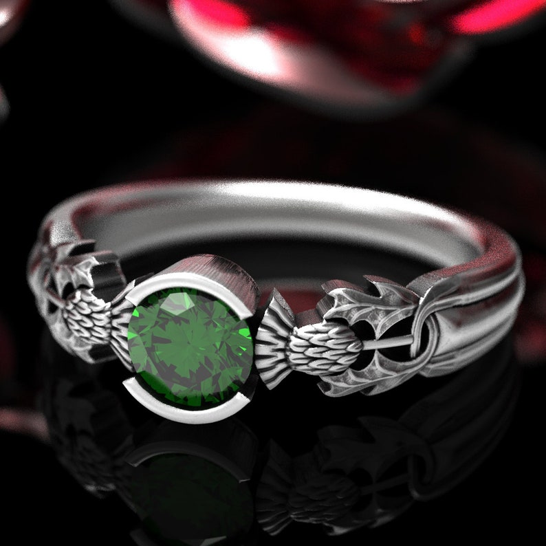 Thistle Engagement Ring, Sterling Silver & Emerald, Scottish Solitare, Floral Wedding, Handcrafted Rings, Alternative Engagement Ring 1774 image 3