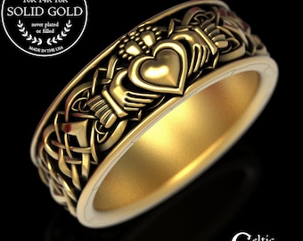 Gold Mens Claddagh Ring, 10K Heart Claddagh Ring, 14K Mans Celtic Wedding Band, 18K Gold Irish Heart Ring, 10K Claddagh Wedding Ring, 1890