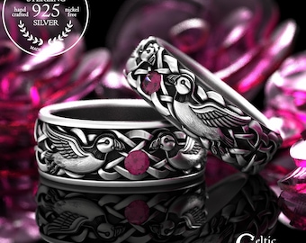 Matching Bird Wedding Ring Set in Sterling, Ruby Seabird Anniversary Band Set, Silver Aquatic Animal Rings, 2119 2120