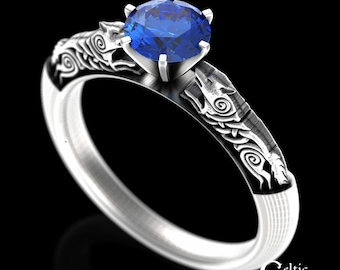 Celtic Solitaire Ring, Celtic Wolf Engagement Ring, Sterling Wolf Ring, Celtic Sapphire Ring, Wolf Wedding Ring, Wolf Engagement Ring, 1801