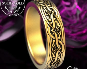 Woman's Gold Celtic Heart Wedding Band, 18K Scottish Interwoven Heart Ring, Platinum Irish Bride Ring with Trinity Knots, 2168