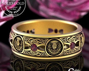 Ruby Gold Thistle Wedding Ring, 10K Mens Celtic Ring, 14K Gold Scottish Thistle Wedding Band, 10K White Gold Ruby Irish Ring, 4409