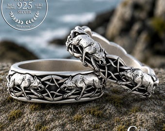 Sterling His Hers Wolves Wedding Ring Set, Silver Matching Viking Wolf Bands, Norse Wedding Ring Set, Guardian Wolf Protector, 1746 1747
