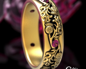 Ruby 10K Thistle Ring, Ruby Celtic Wedding Band, Womens Gold Thistle Wedding Band, 14K Ruby Ireland Ring, Gold Ruby Wedding Ring, 1936