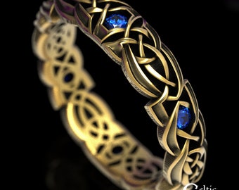 Gold Tribal Knotwork Ring, Gold Sapphire Wedding Ring, Tribal Wedding Band, Womans Tribal Ring, Narrow Women Ring, Unique Ring, 1598