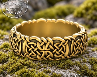 Gold Celtic Braid Ring for Woman, 10K Norse Wedding Band, 14K Valkyrie Bride Jewelry, Platinum Irish Knot Ring, 2144
