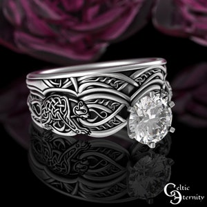 Fitted Moissanite Bear Engagement Ring Set, Matching Sterling Bridal Wedding Set, Mamma Bear Ring, Knotwork Solitaire Ring Set, 3176 1971