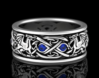 Sapphire Welsh Dragons Ring, Sterling Viking Mens Wedding Band, Scottish Dragon Sapphire Ring, Silver Mens Woven Celtic Knotwork Ring, 3109