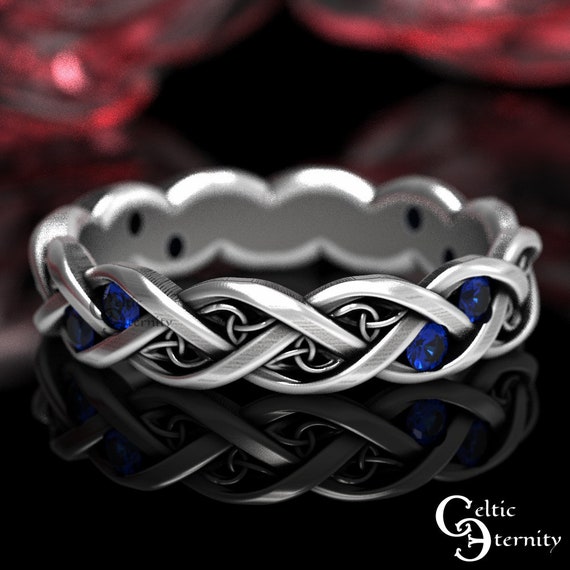 Sapphire & Silver Celtic Wedding Band, Modern Wedding Band, Trinity Knotwork Ring, Womens Infinity Wedding Ring, Sterling Eternity Ring,1418