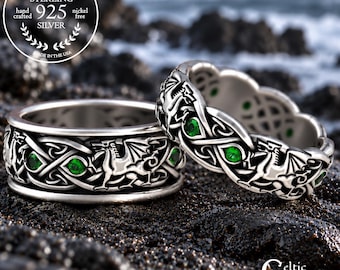 Matching Emerald Dragon Wedding Bands, Sterling Norse Rings, Silver His Hers Dragon Rings, Scottish Wedding Ring Set, 3016 3109