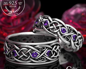 Amethyst & Sterling Silver Infinity Wedding Rings, His Hers Wedding Bands, Silver Celtic Wedding Ring, Matching Wedding Bands, 1052 1096