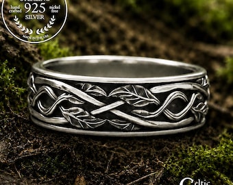 Men's Celtic Tree Branches Wedding Band, Sterling Welsh Woven Forest Marriage Ring, Silver Botanical Leaves Nature Anniversary Ring, 2051