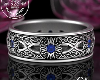 Sapphire & Sterling Celtic Cross Ring, Scottish Holy Cross Wedding Ring, Silver Confirmation Ring, Men's Catholic Consecration Ring, 3242