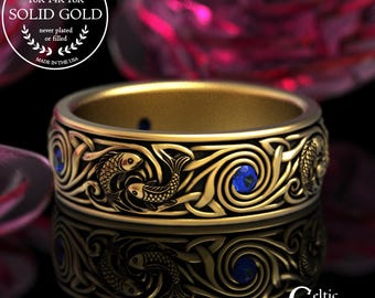 Men's Gold & Sapphire Koi Wedding Band, Platinum Fish Wedding Ring, 14K White Gold Groom's Pisces Water Ring, 10K Zen Ocean Swirl Ring, 2103