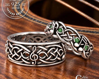 Emerald Musical Celtic Wedding Ring Set, Infinity Symbol Sterling Silver, Musical Wedding Ring, Music Note Ring, Music Ring 1714 1715