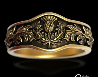 Scottish Gold Thistle Ring, Thistle Wedding Band, Gold Thistle Ring, Scottish Heritage Ring, Gold Wedding Band, Platinum Mens Ring, 1764