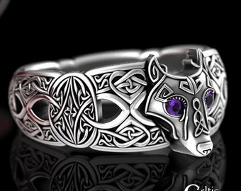 Amethyst Wolf Ring, Sterling Celtic Wolf Ring, Norse Wolf Ring, Wolf Wedding Ring, Viking Wedding Ring, Viking Wolf Ring, Men Wolf Ring 1744