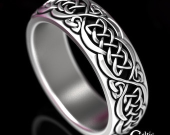 Mens Solid Silver Ring, Sterling Silver Celtic Wedding Band, Mens Trinity Pattern Ring, Sterling Mens Wedding Ring, Unique Celtic Ring, 1831