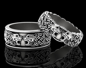 Matching Celtic Hound Wedding Ring Set, Viking Dog Ring Set, Viking Wolf Rings, Sterling Silver Tribal Rings, Art Carving Ring, 1101 1102