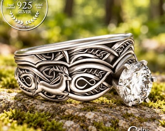Women's Matching Sterling Deer Engagement Set, Bambi Forest Wedding Ring, Sterling Celtic Antler Bride Ring, 3135 1971
