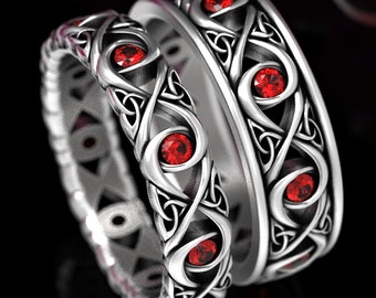 Celtic Ruby Wedding Set, His Her Infinity Wedding Band Set, Sterling Celtic Wedding Ring, Ruby Wedding Band, Infinity Knot 1409 + 1410