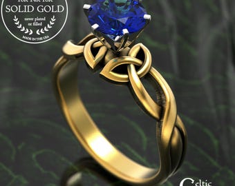 Solid Gold Classic Celtic Trinity Engagement Ring, 18K Gold Sapphire Irish Wedding Ring, Platinum Irish Woven Solitaire Proposal Ring, 1982