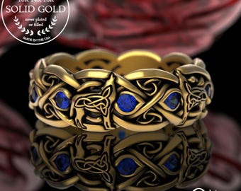Sapphire Wolf Wedding Ring, Gold or White Gold Celtic Wolf Ring, Wolf Wedding Band, Sapphire Celtic Wedding Band, Infinity Wedding Ring,1267