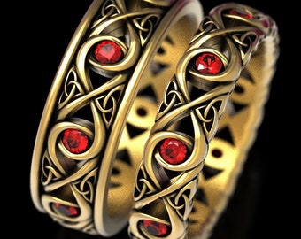 Celtic Ruby Wedding Set, His Her Infinity Wedding Band, 10K 14K 18K Gold Platinum, Celtic Wedding Ring, Ruby Wedding Band, 1409 1410
