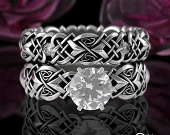 Celtic Engagement Set, Moissanite Stacker Ring Set, Sterling Engagement Matching Set, Womens Matching Wedding Rings, Solitaire Set,4017 4014