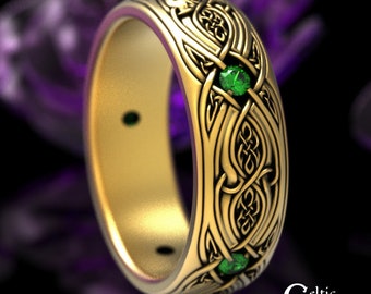 Gold Emerald Celtic Band, 10K Gold Trinity Ring, 14K White Gold Celtic Wedding Ring, Mens 14K Gold Irish Ring, 18K Celtic Wedding Ring, 1817