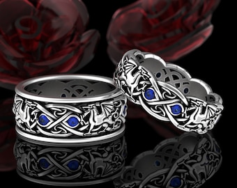 Matching Dragon Wedding Rings, Sapphire Sterling Celtic Rings, His Hers Dragon Rings, Matching Wedding Bands, Celtic Wedding Set, 3016 3109
