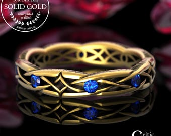 Solid Gold Sapphire Celtic Knot Wedding Band, Woman's Sapphire & White Gold Anniversary Ring, 18K Classic Irish Bridal Ring, 2087