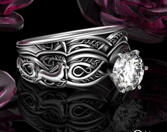 Womens Deer Matching Engagement Set, Bambi Forest Wedding Ring, Stag 1 Carat Solitaire, Sterling Celtic Bridal, Antler Ring, 3135 1971