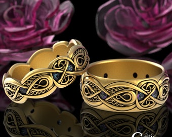 10K Alexandrite Wedding Ring Set, Gold Matching Celtic Wedding Bands, 14K Celtic His Hers Wedding Rings, Alexandrite Gold Rings, 1411 1642