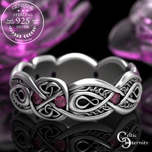 Sterling Silver & Ruby Trinity Band, Celtic Infinity Knotwork Wedding Ring, Elegant Irish Handfasting Gemstone Ring, 1411