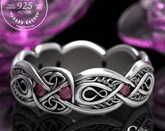 Sterling Silver & Ruby Trinity Band, Celtic Infinity Knotwork Wedding Ring, Elegant Irish Handfasting Gemstone Ring, 1411
